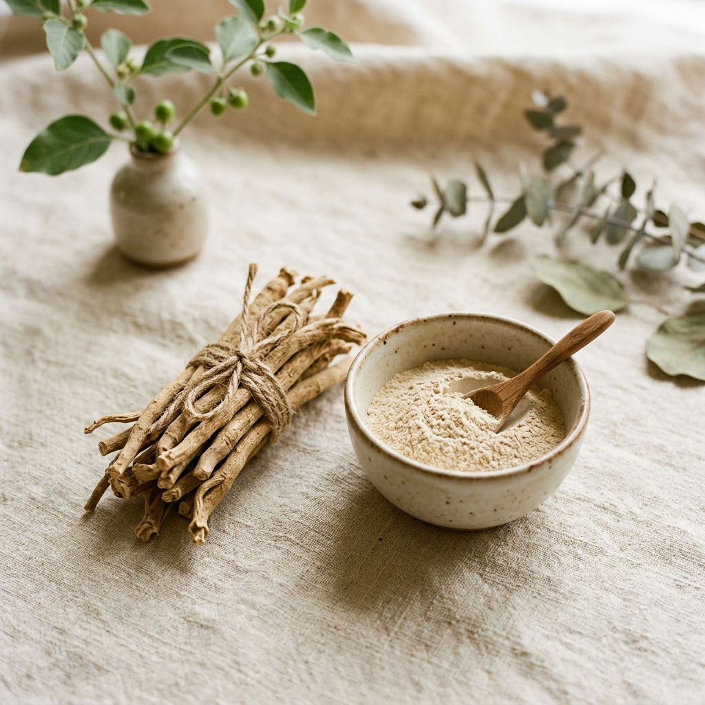 Dried ashwagandha roots and root powder in a ceramic bowl
