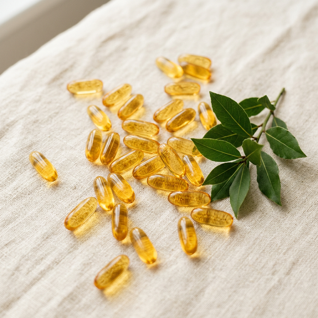 Golden omega-3 softgel capsules on cream linen
