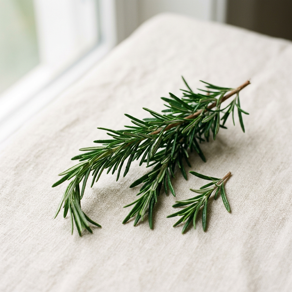 Fresh rosemary sprigs on cream linen